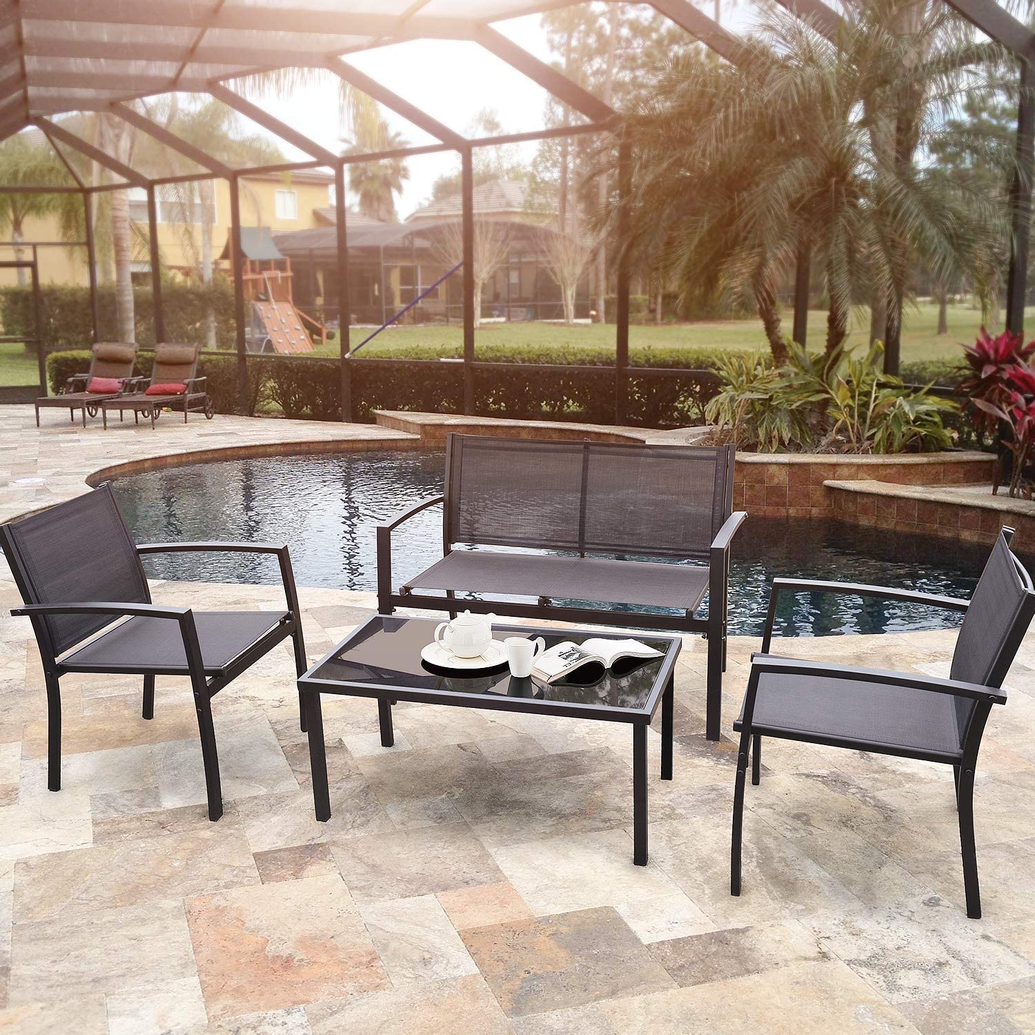 4 PCS Modern Black Outdoor Patio Furniture Set with Cushions – Weather-Resistant Steel Frame for Garden, Deck & Balcony Seating | SKU: S3068 - Image 5
