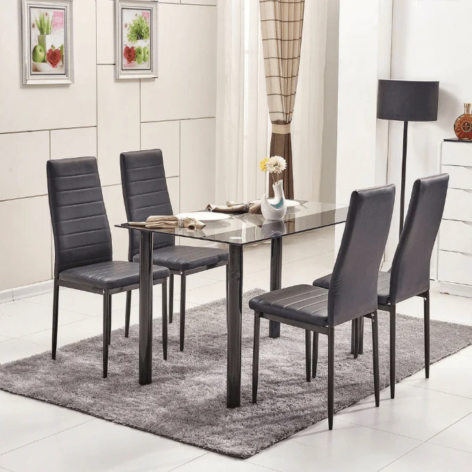 Modern Black & White Dining Collection – Tempered Glass Table with 6 PVC Leather Chairs
