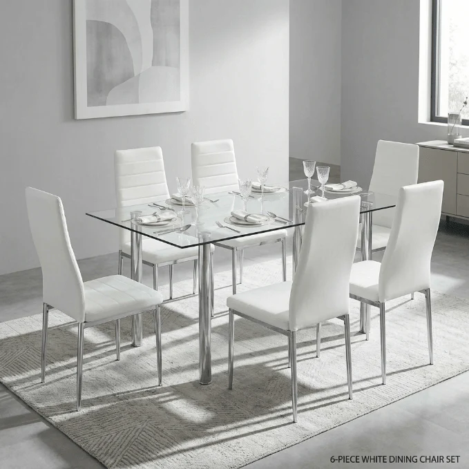 Modern Black & White Dining Collection – Tempered Glass Table with 6 PVC Leather Chairs - Image 7
