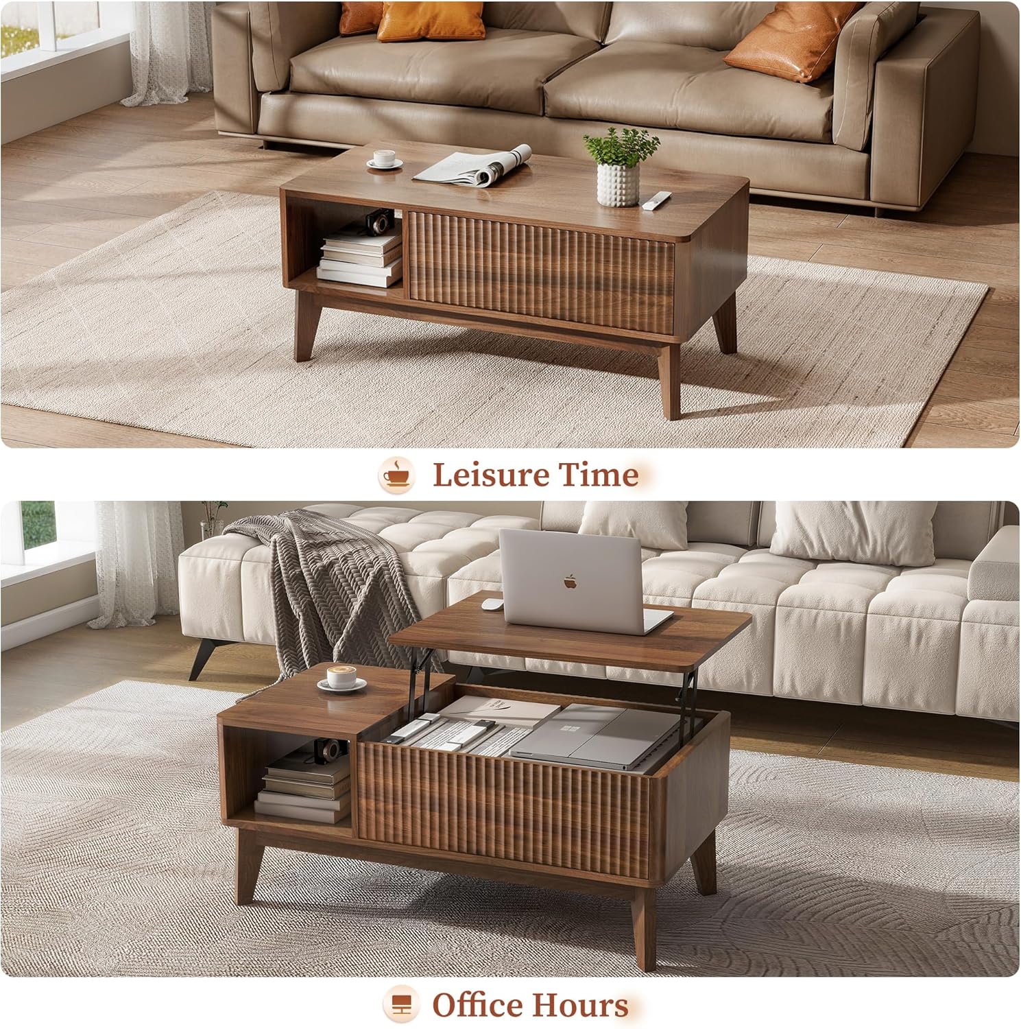 Modern Fluted Lift-Top Coffee Table With Storage Walnut S2395 - Image 4