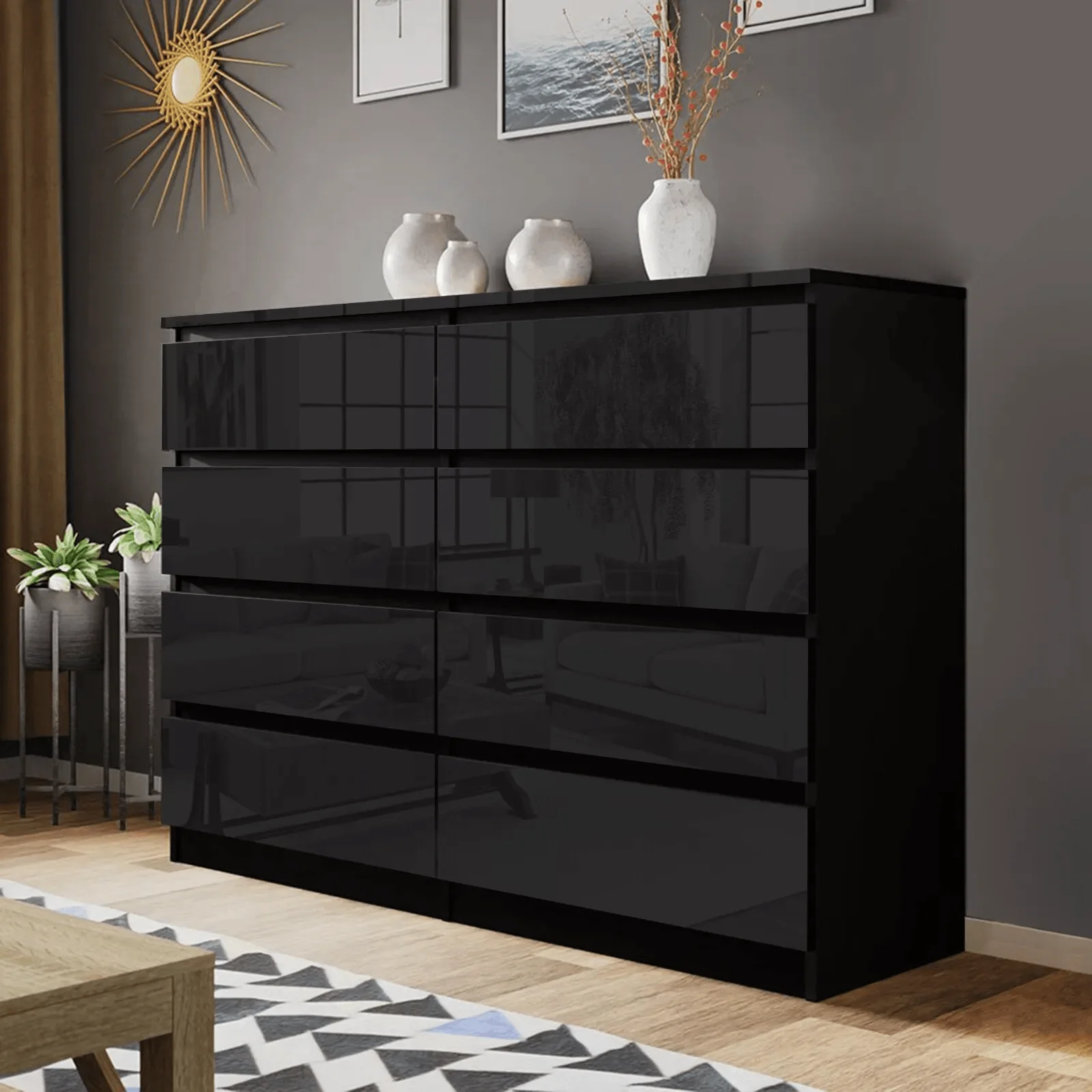 Modern High Gloss Bedroom Dresser – 2, 4, 5, 8 Drawer Storage Cabinet (White & Black) - Image 18