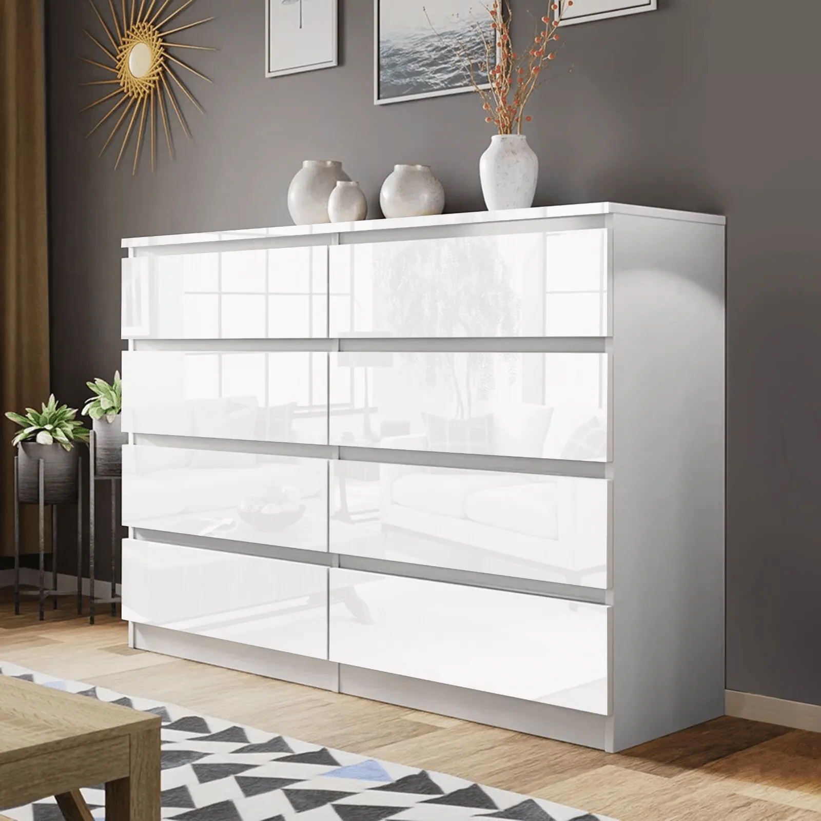 Modern High Gloss Bedroom Dresser – 2, 4, 5, 8 Drawer Storage Cabinet (White & Black) - Image 8