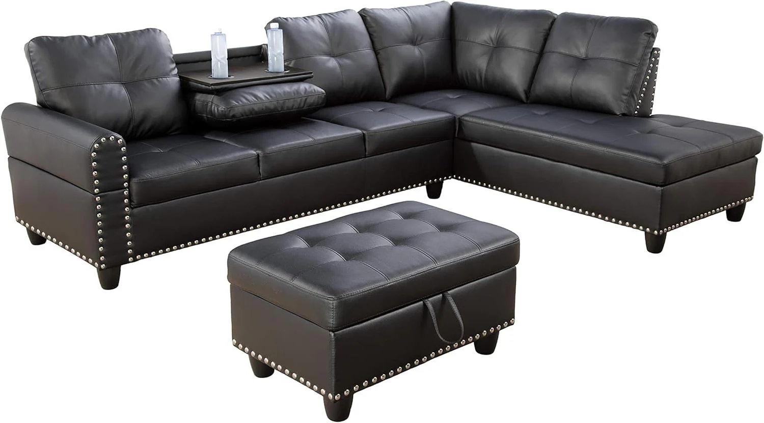 Modern L-Shaped Sectional Sofa Set with Ottoman – Black & Brown Options - Image 12