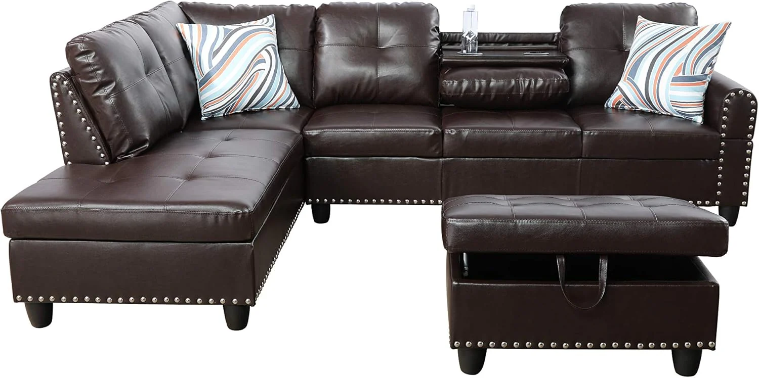 Modern L-Shaped Sectional Sofa Set with Ottoman – Black & Brown Options - Image 17