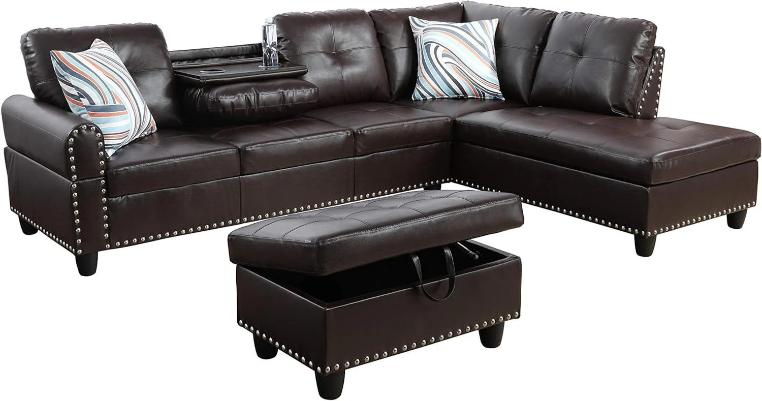 Modern L-Shaped Sectional Sofa Set with Ottoman – Black & Brown Options - Image 22