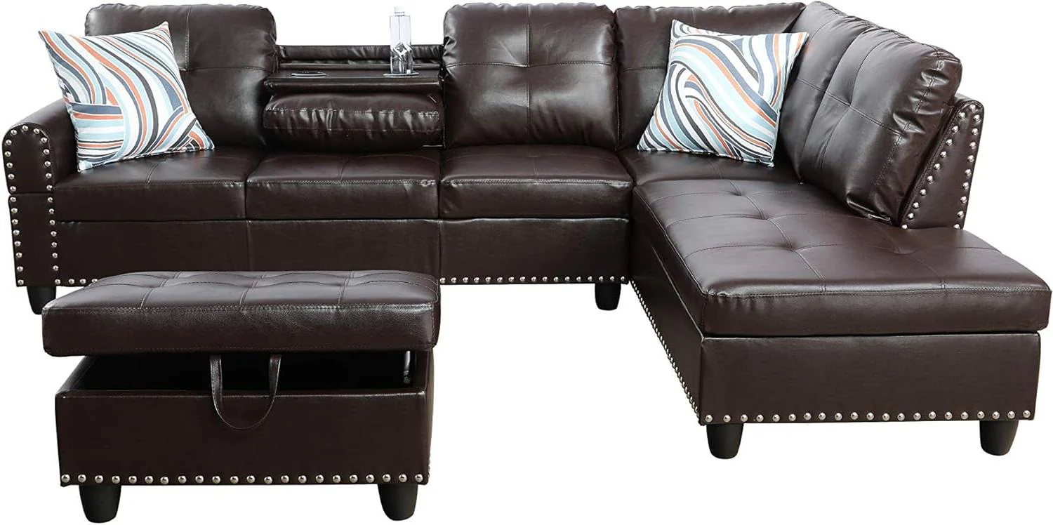 Modern L-Shaped Sectional Sofa Set with Ottoman – Black & Brown Options - Image 23