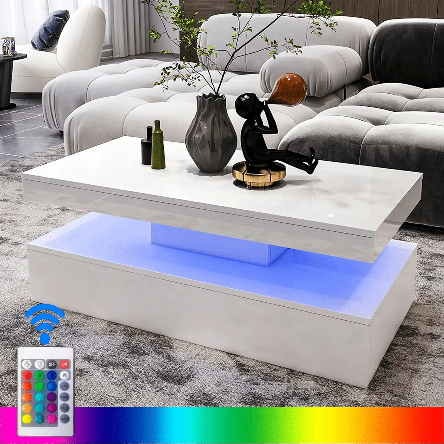 New Modern LED Coffee Table – 2-Tier High Gloss with Remote Control RGB Lights | Model #113224 - Image 2