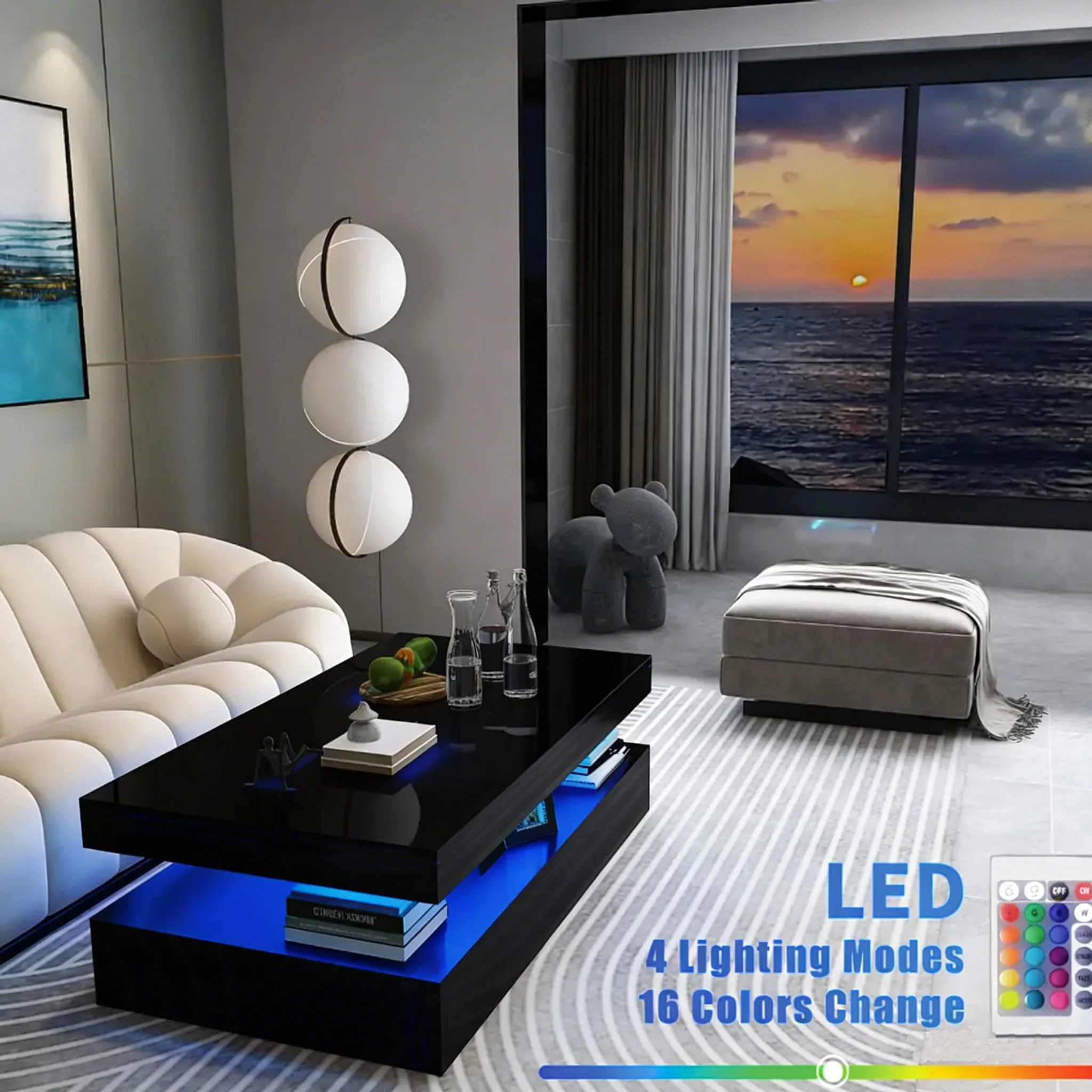New Modern LED Coffee Table – 2-Tier High Gloss with Remote Control RGB Lights | Model #113224 - Image 5