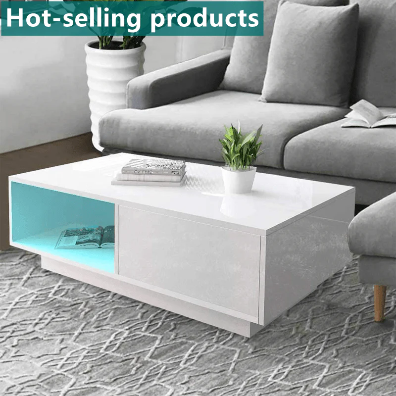 Modern LED Coffee Table High Gloss with Storage Drawer RGB USB 113230 - Image 3