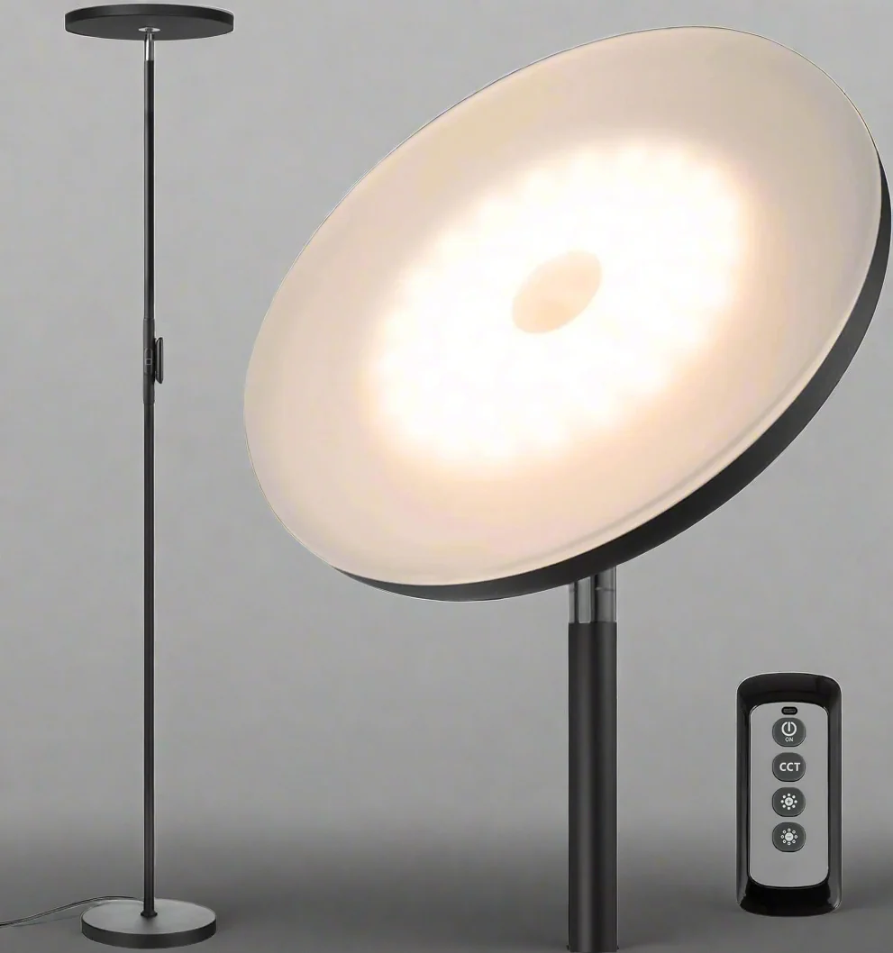 Modern 30W LED Floor Lamp with Remote Control – 2400LM, 3 Color Temps, Touch Dimming, Black