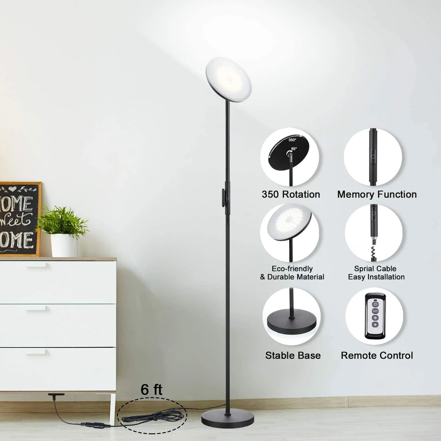 Modern 30W LED Floor Lamp with Remote Control – 2400LM, 3 Color Temps, Touch Dimming, Black - Image 3