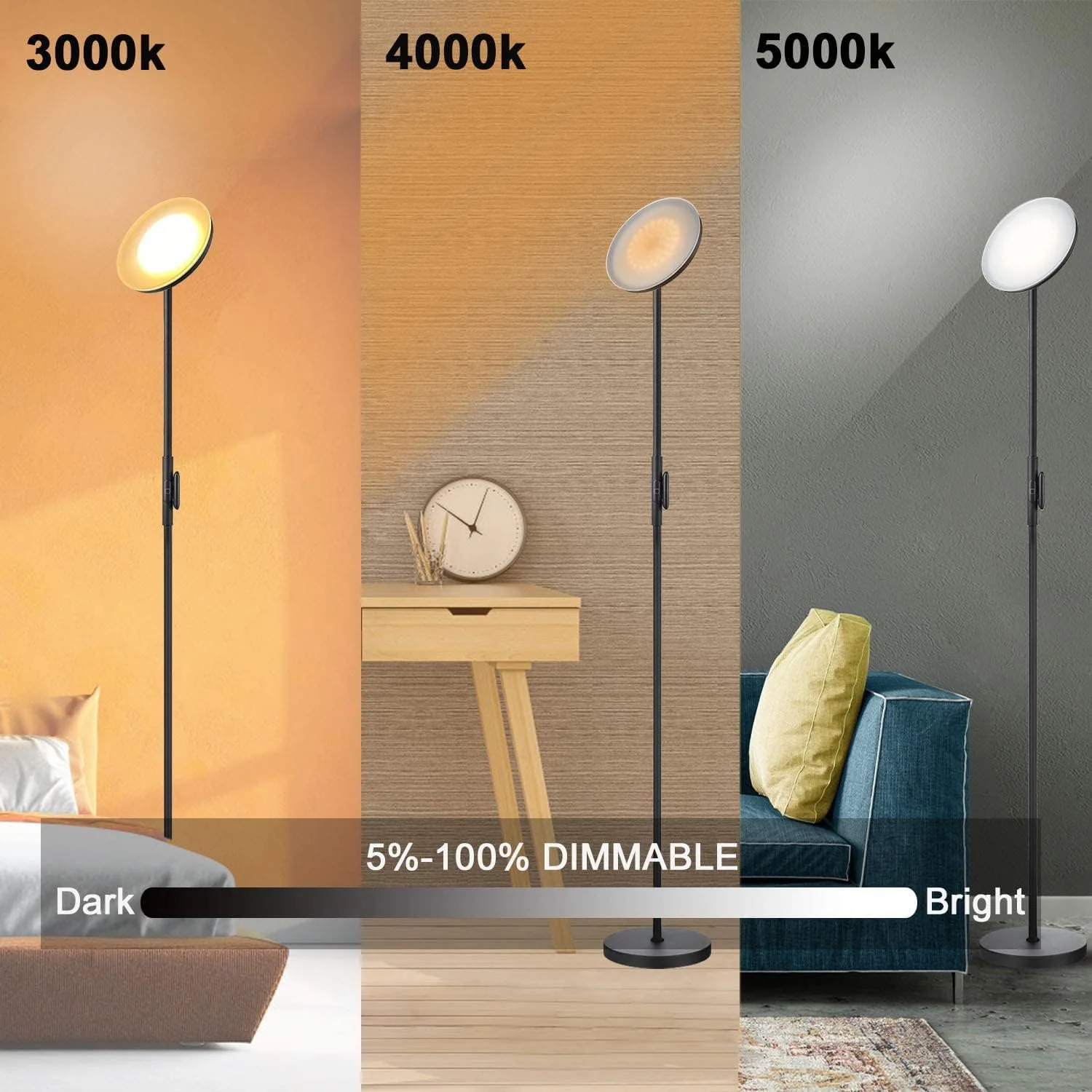 Modern 30W LED Floor Lamp with Remote Control – 2400LM, 3 Color Temps, Touch Dimming, Black - Image 4