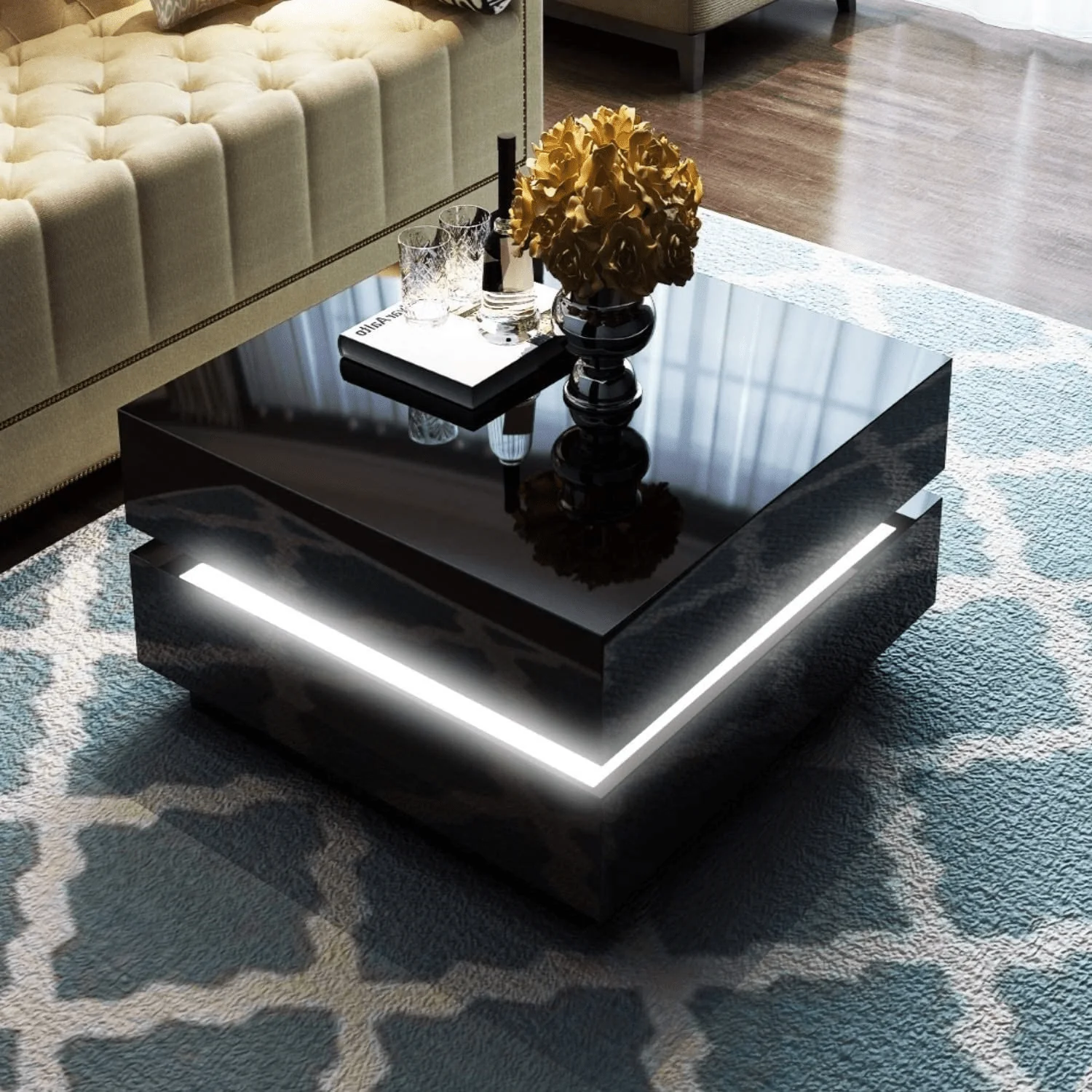 Modern LED High Gloss Coffee Table – Cubic Design, Black & White Variants