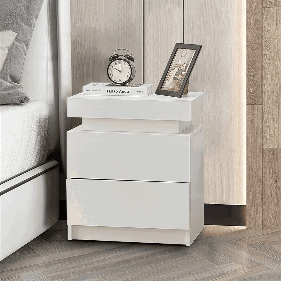 Modern Nightstand with Built-In Power Outlets & RGB LED Accent Lights – High Gloss Finish Bedside Table