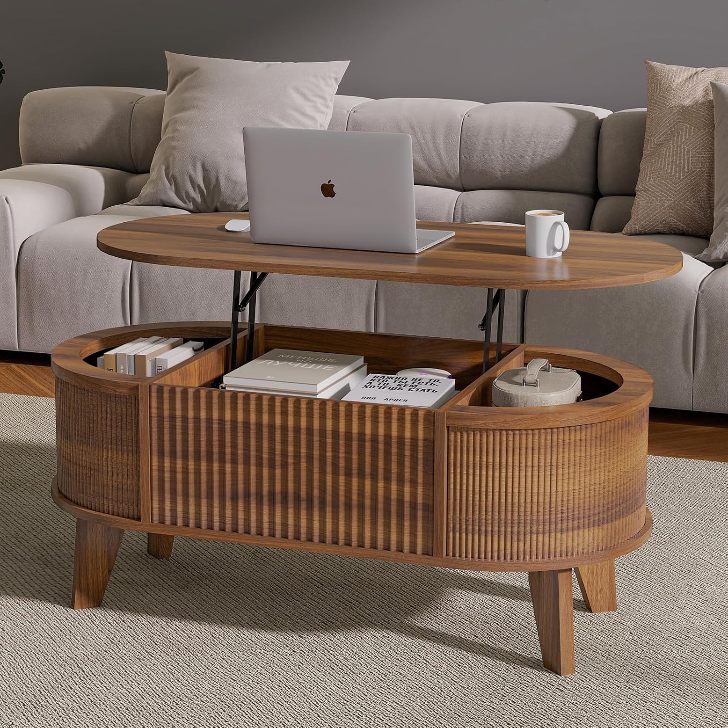 Modern Oval Fluted Lift-Top Coffee Table With Storage Walnut S2195