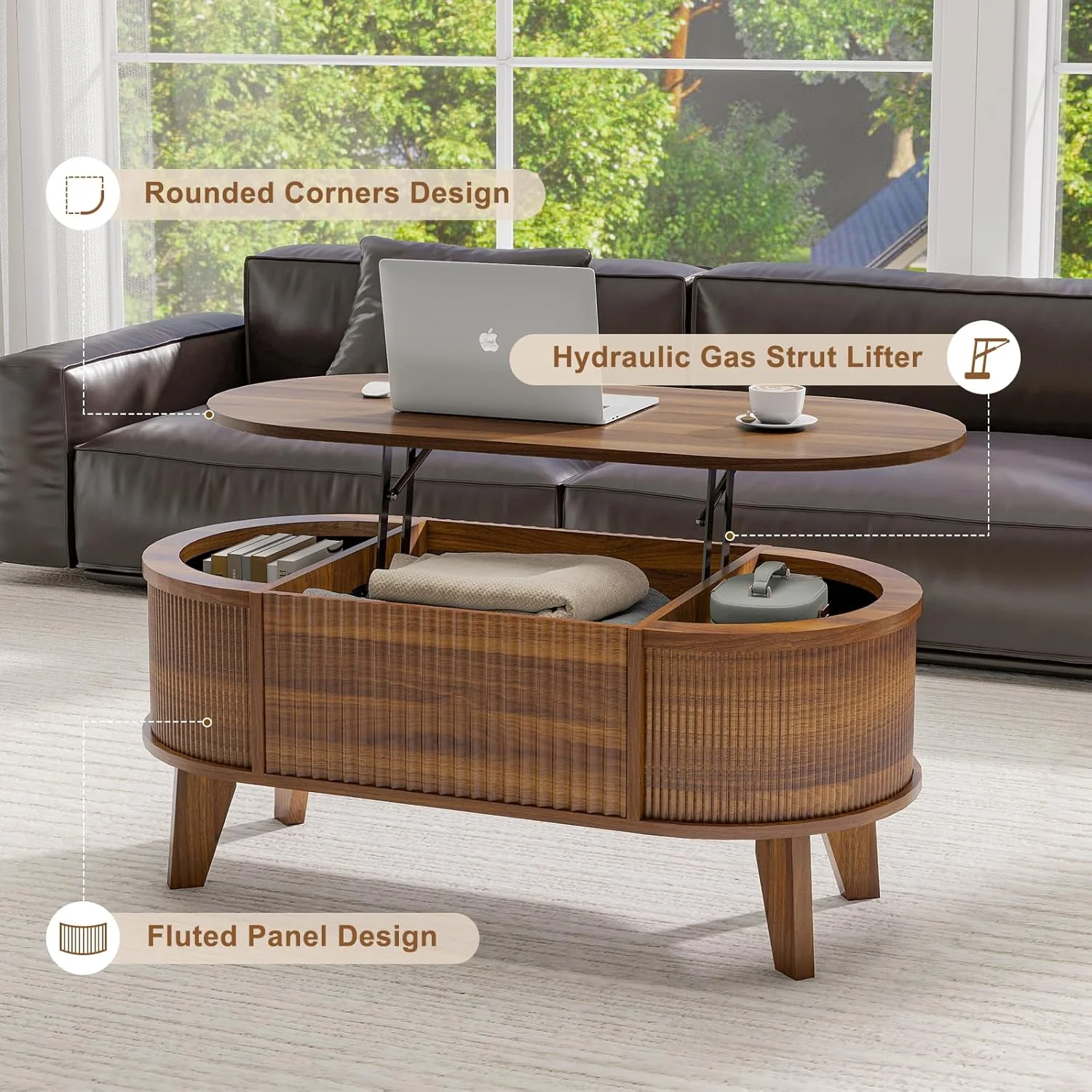 Modern Oval Fluted Lift-Top Coffee Table With Storage Walnut S2195 - Image 2