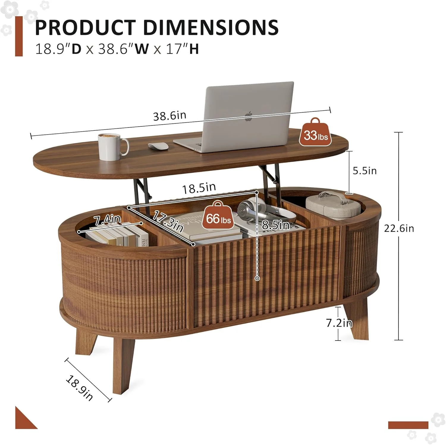 Modern Oval Fluted Lift-Top Coffee Table With Storage Walnut S2195 - Image 3