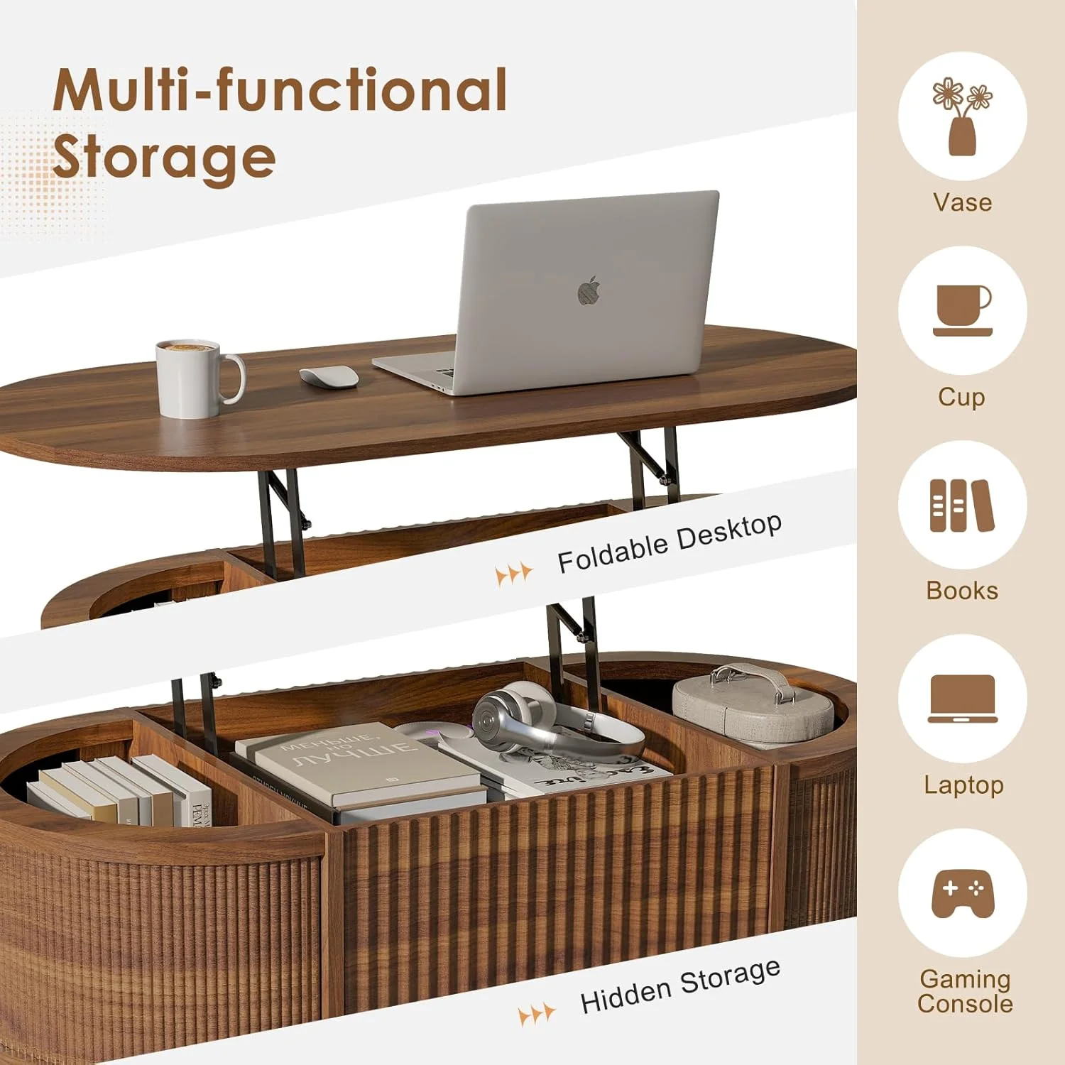 Modern Oval Fluted Lift-Top Coffee Table With Storage Walnut S2195 - Image 4