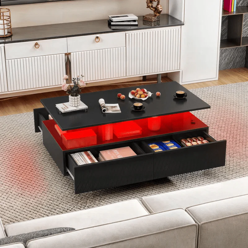 Modern White/Black Coffee Table with 4 Drawers & RGB LED Lights – Sleek Living Room Centerpiece - Image 3