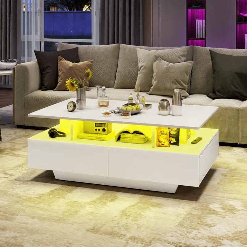 Modern White/Black Coffee Table with 4 Drawers & RGB LED Lights – Sleek Living Room Centerpiece - Image 4
