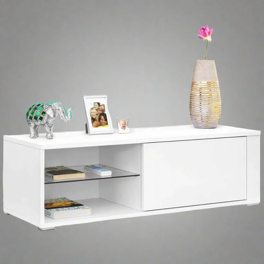 Modern White TV Stand with Glass Shelf – High-Gloss Entertainment Cabinet | Model S3115
