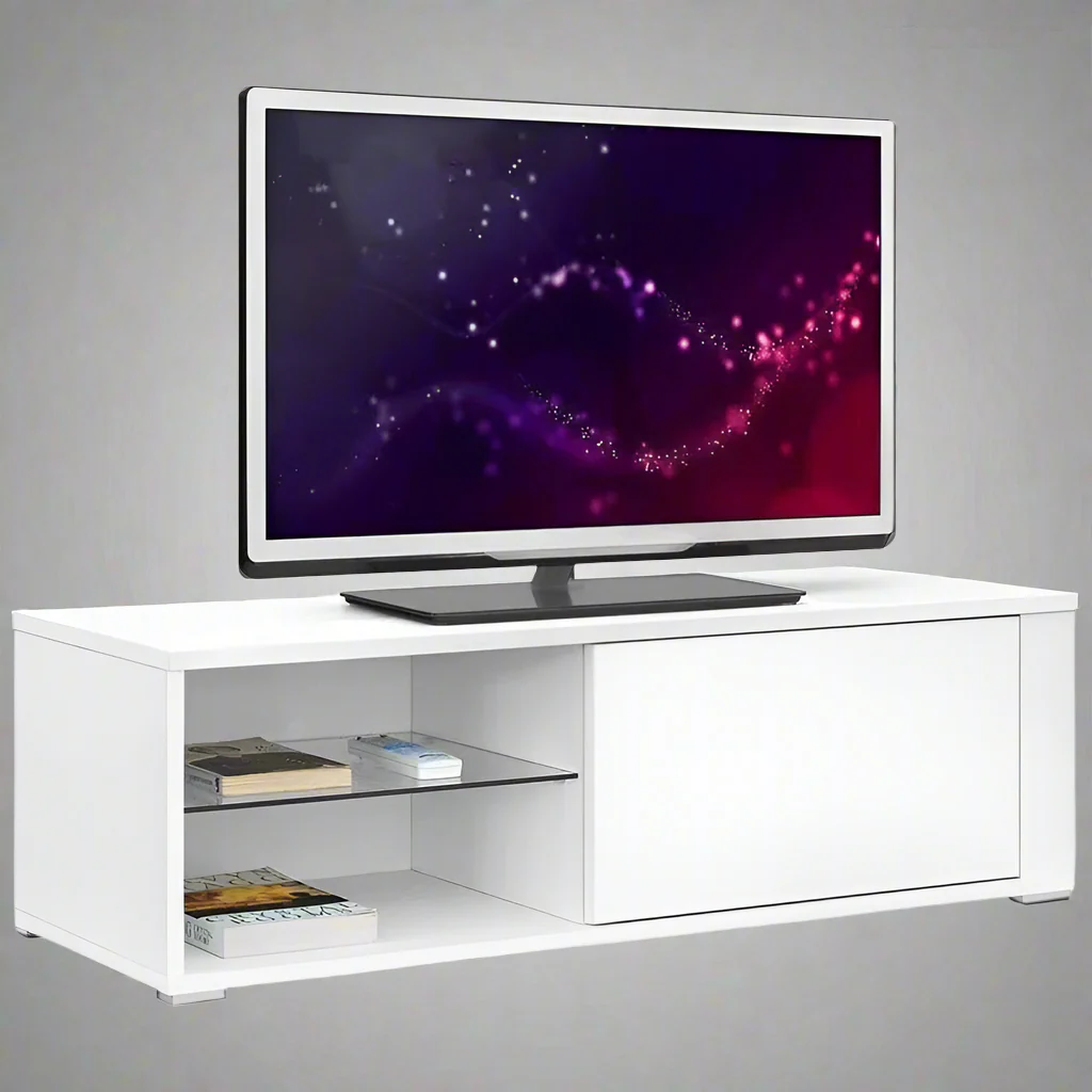 Modern White TV Stand with Glass Shelf – High-Gloss Entertainment Cabinet | Model S3115 - Image 2
