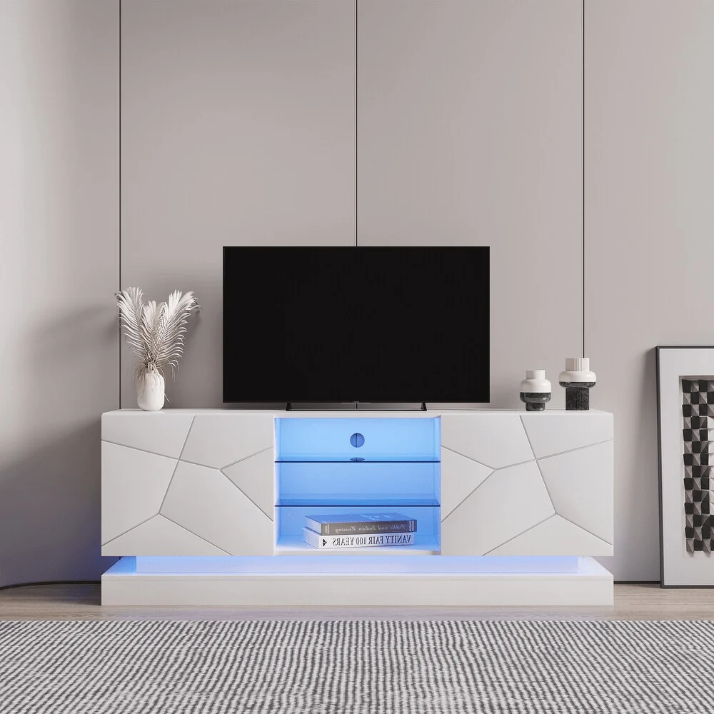 Modern White TV Stand with RGB LED Lights | Tempered Glass & High Gloss Doors – Model TS021W