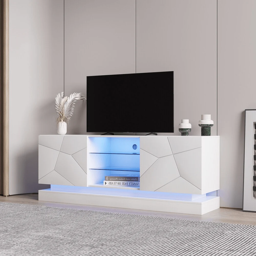 Modern White TV Stand with RGB LED Lights | Tempered Glass & High Gloss Doors – Model TS021W - Image 2