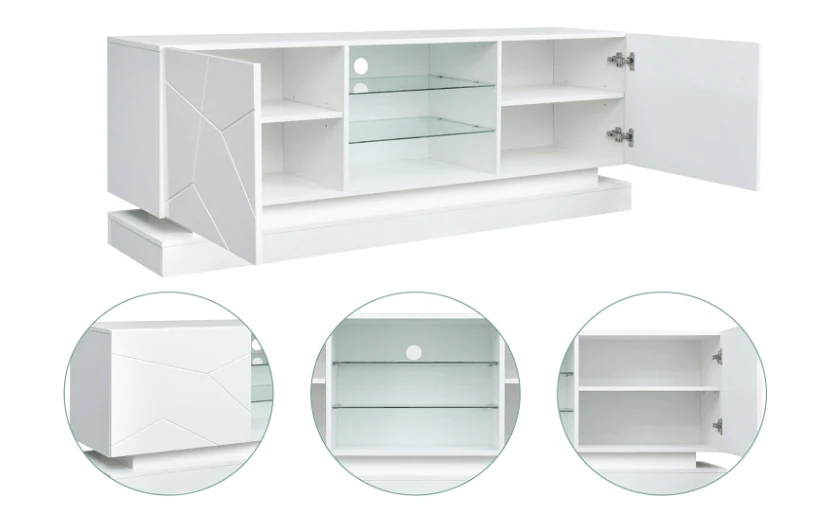 Modern White TV Stand with RGB LED Lights | Tempered Glass & High Gloss Doors – Model TS021W - Image 3