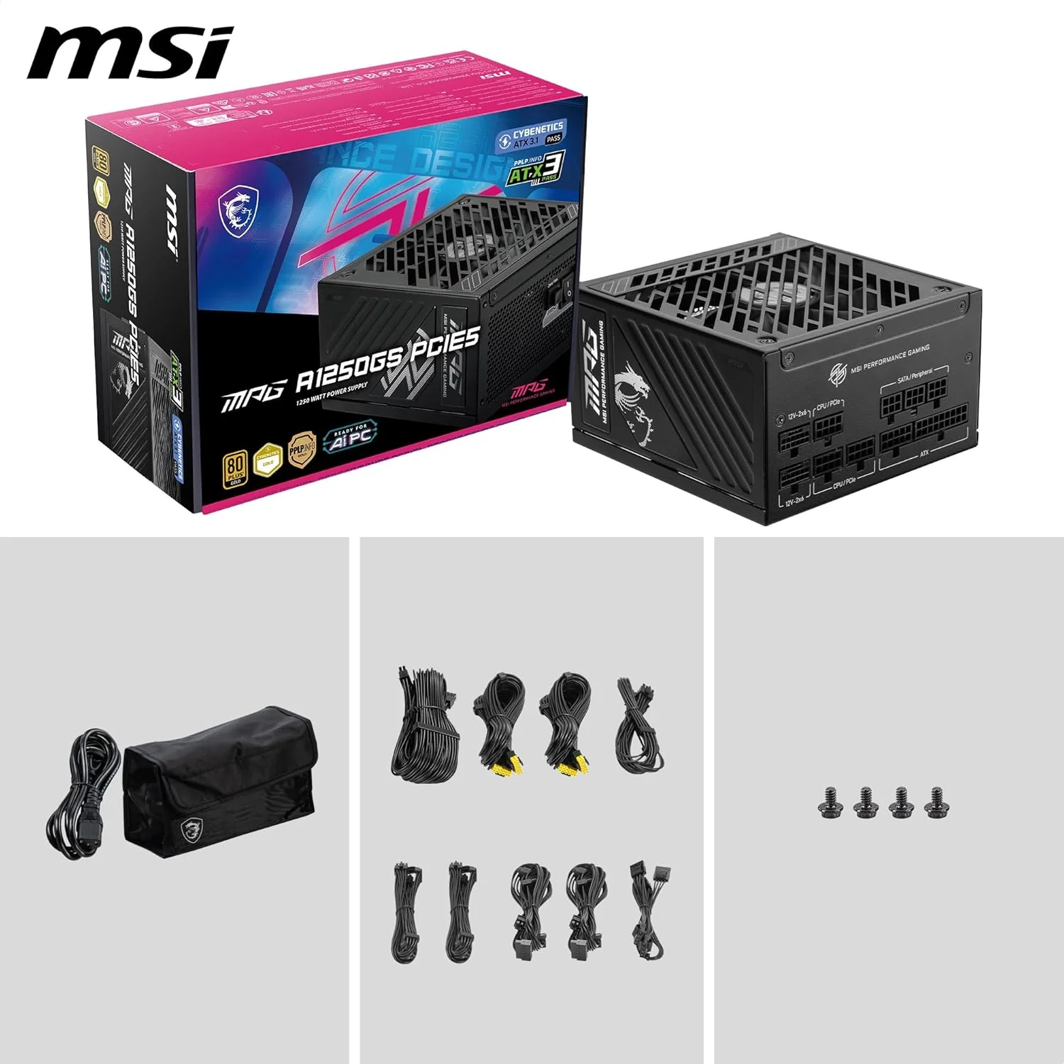 MSI MPG A1250GS PCIE5 1250W 80 Plus Gold Fully Modular ATX 3.1 Gaming Power Supply - Image 3