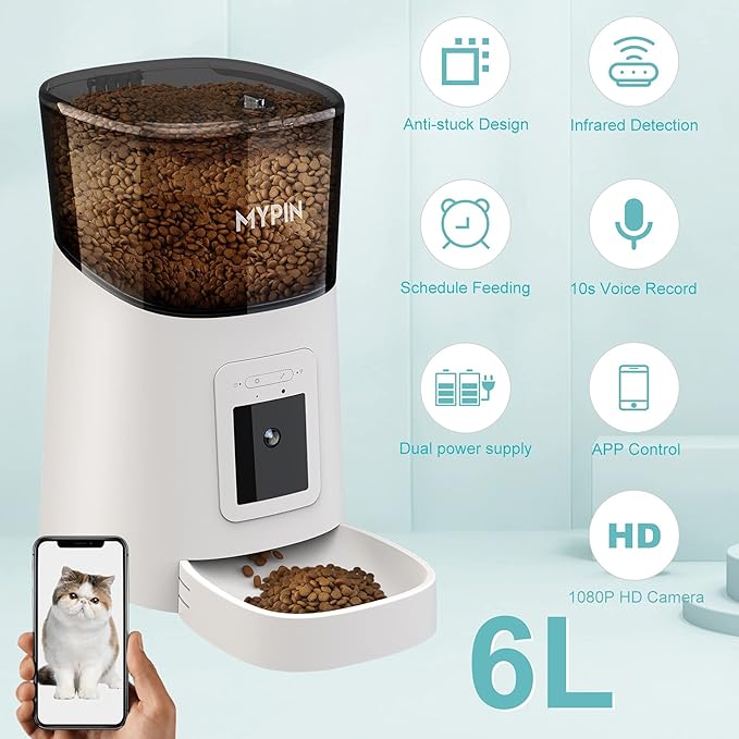 MYPIN Automatic Pet Feeder with HD Camera 6L WiFi Smart Food Dispenser for Cats and Dogs White - Image 3