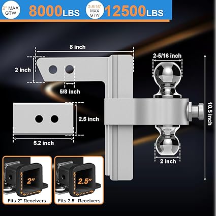 NenNicht Adjustable Trailer Hitch 8/6 Inch Drop Rise 2 Inch Receiver Aluminum Tow Hitch with Dual Ball - Image 3