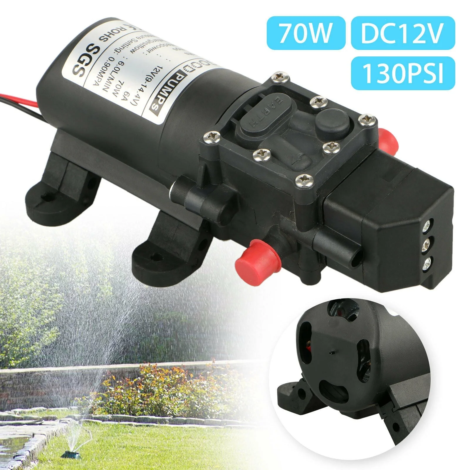 New 12V 70W High Pressure Diaphragm Water Pump – 130 PSI Self-Priming for Efficient Water Flow S1050