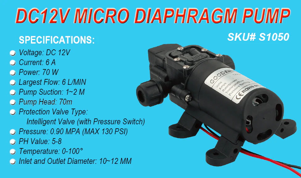 New 12V 70W High Pressure Diaphragm Water Pump – 130 PSI Self-Priming for Efficient Water Flow S1050 - Image 2