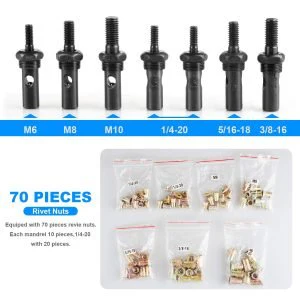 New 14-Inch Rivet Nut Tool Kit with 7 Mandrels & 70 Rivet Nuts – SAE & Metric Sizes with Carry Case – 929RN - Image 6