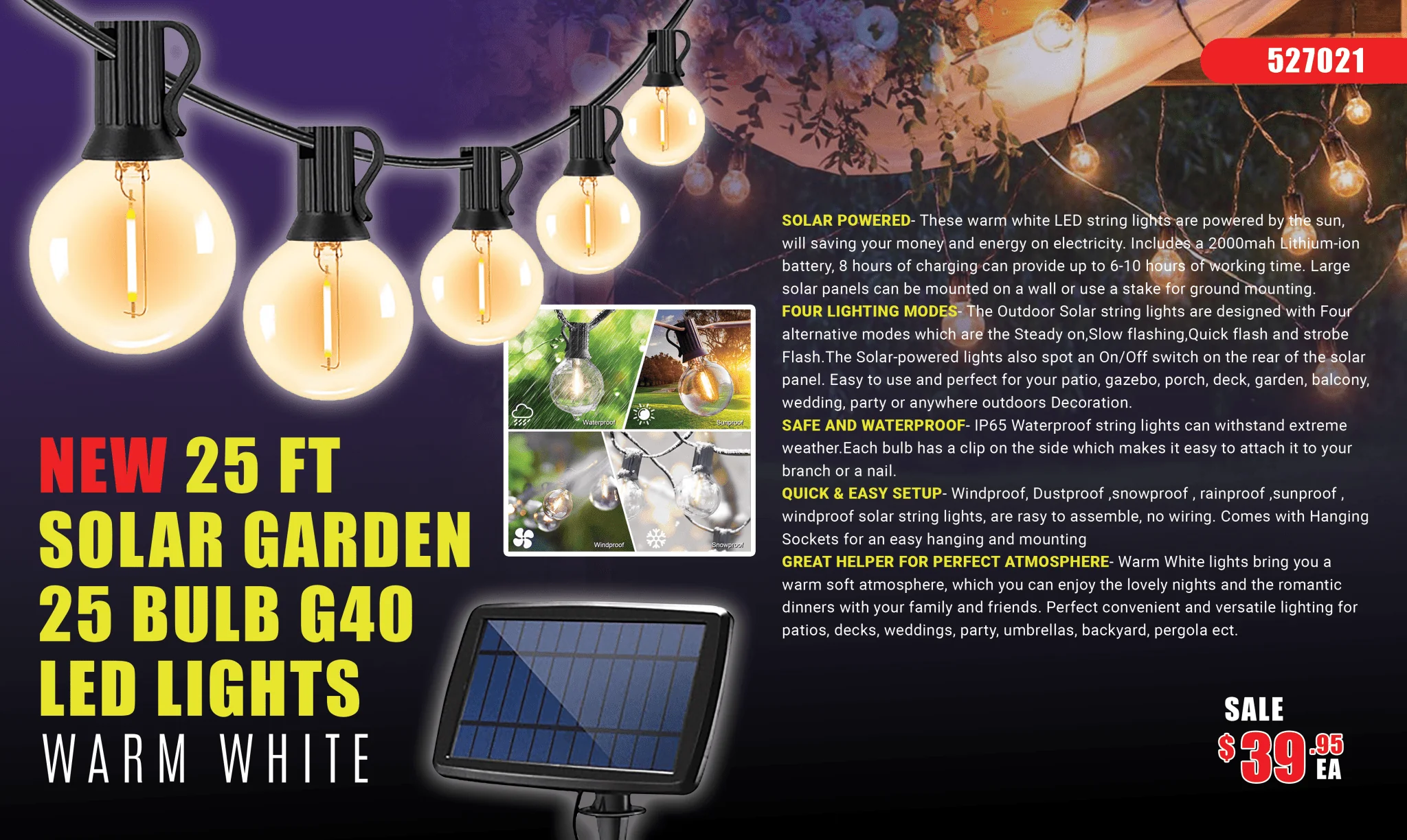 New 25FT Solar G40 LED String Lights – 25 Warm White Bulbs for Outdoor Garden, Patio, Backyard 527021 - Image 2