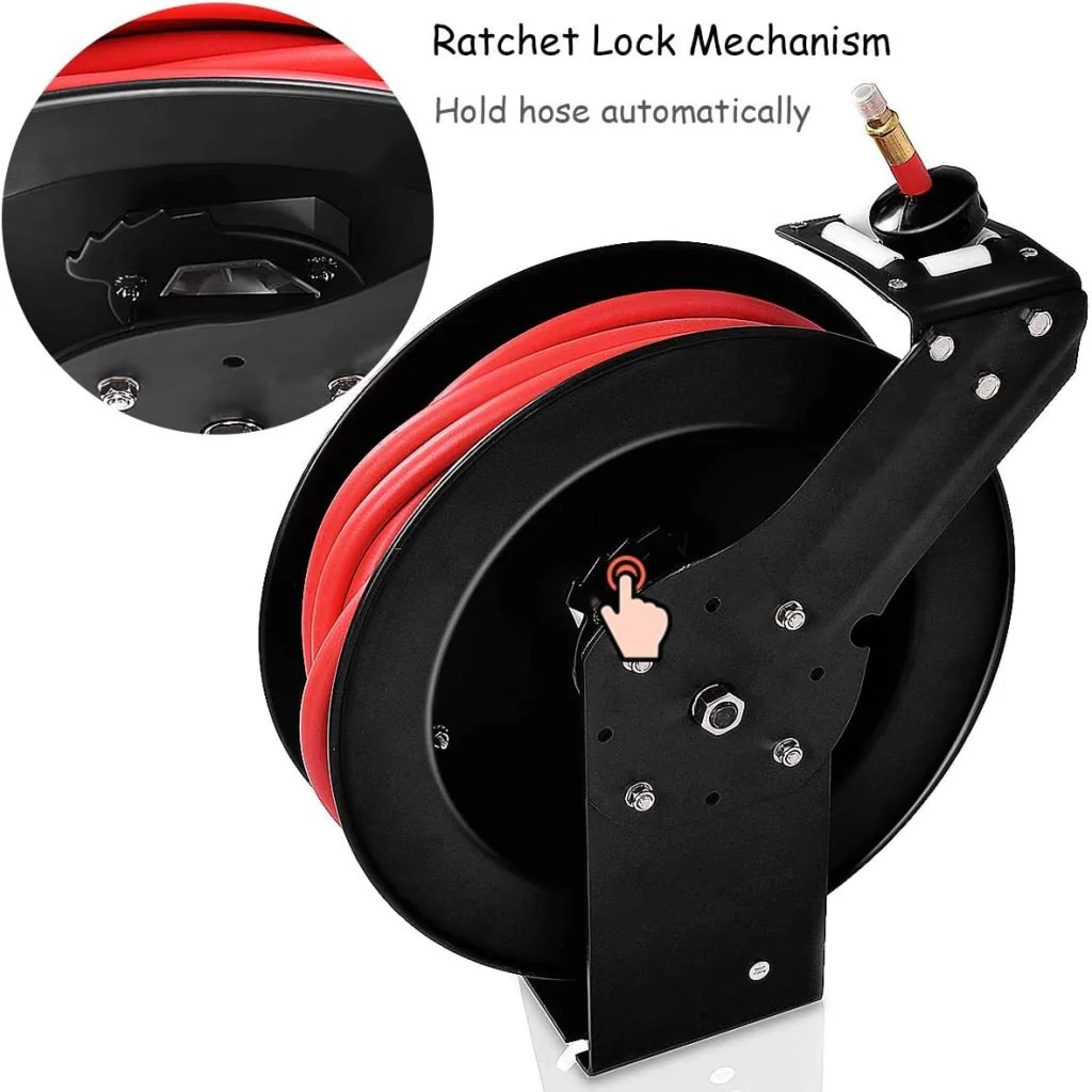 New 3/8″ x 25 Ft Metal Hybrid Air Hose Reel – Durable Retractable Air Compressor Hose S1163 - Image 6