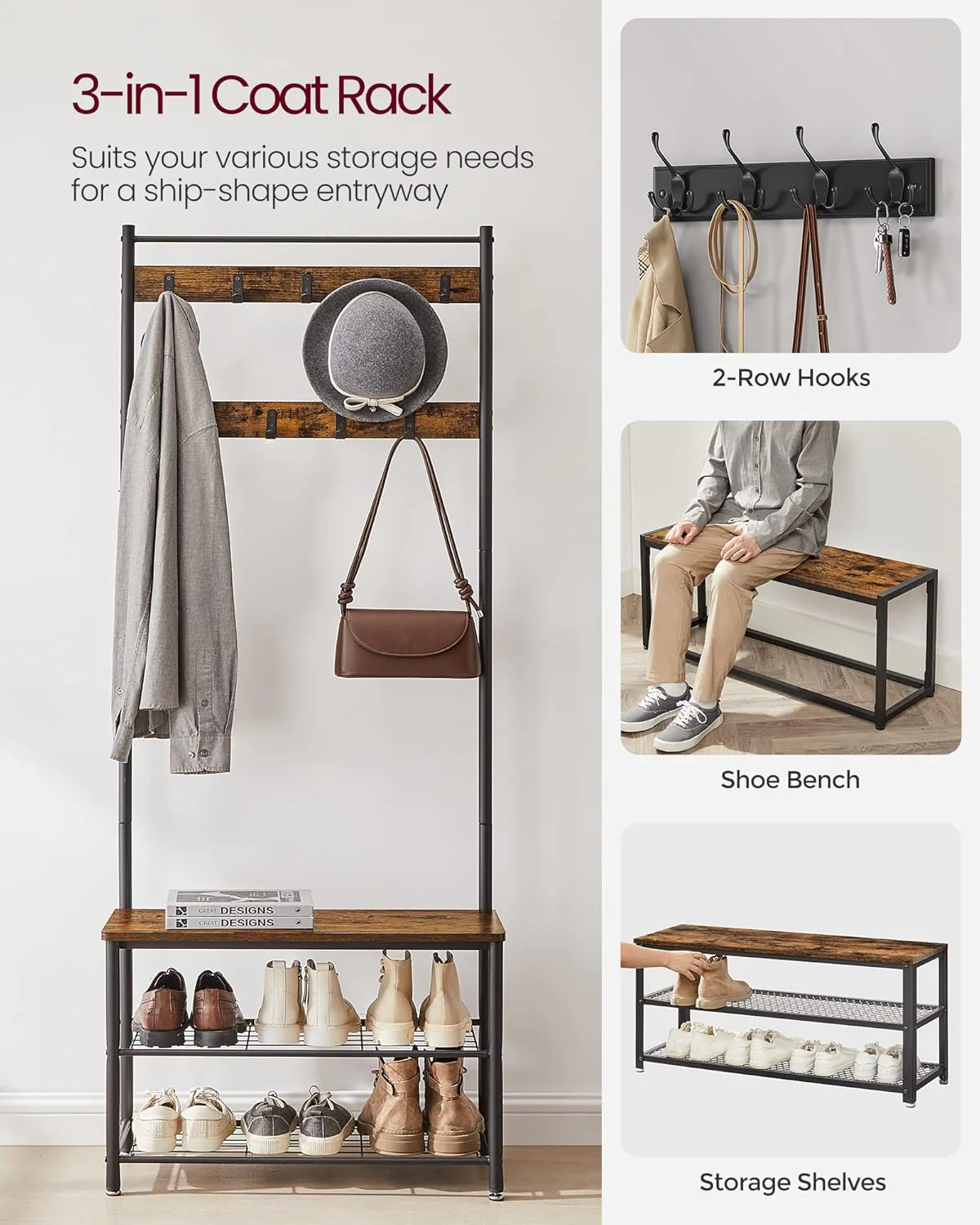 New 3-in-1 Hall Tree Coat Rack with Shoe Storage Bench – Entryway Organizer with Steel Frame S1322 - Image 2