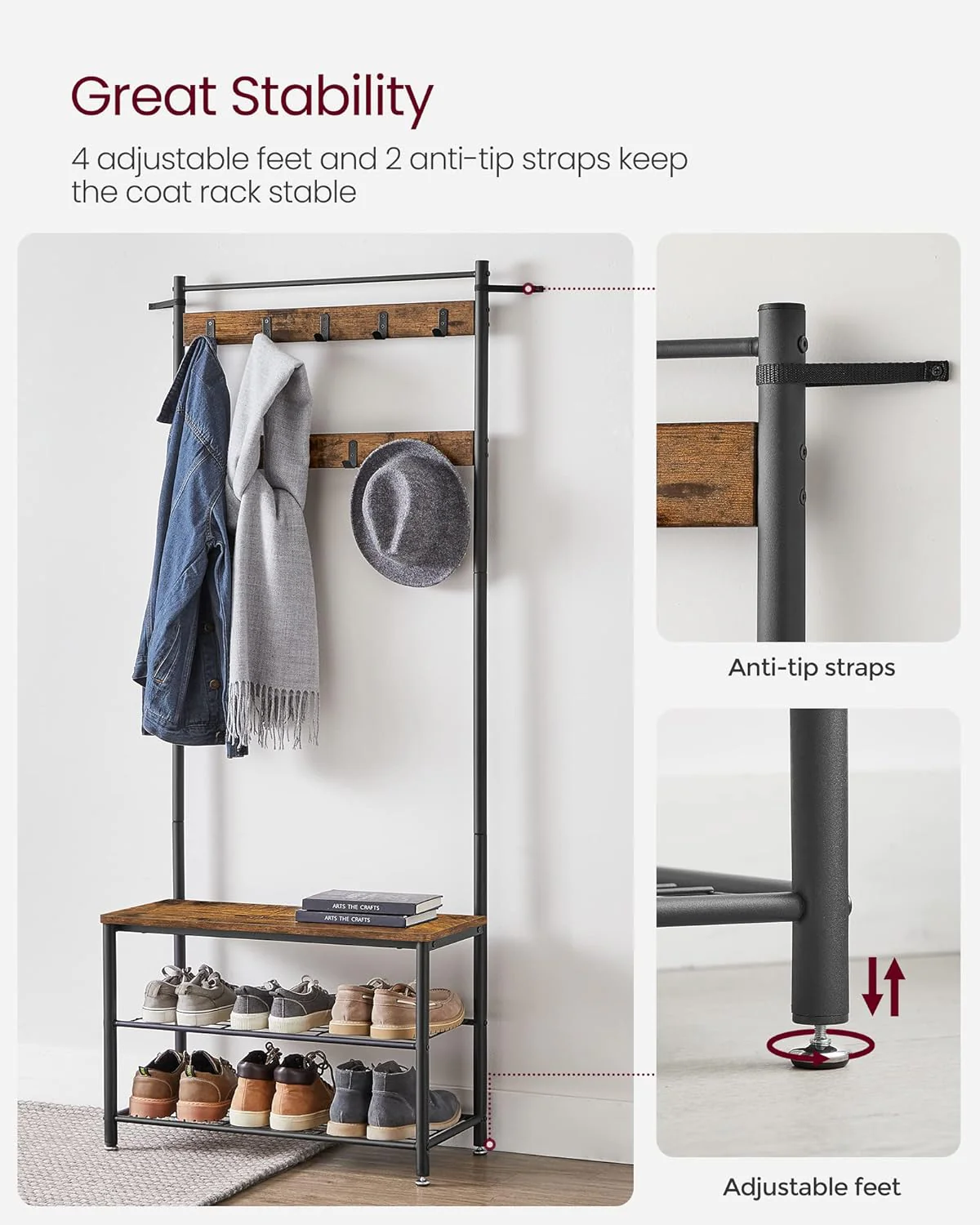 New 3-in-1 Hall Tree Coat Rack with Shoe Storage Bench – Entryway Organizer with Steel Frame S1322 - Image 4