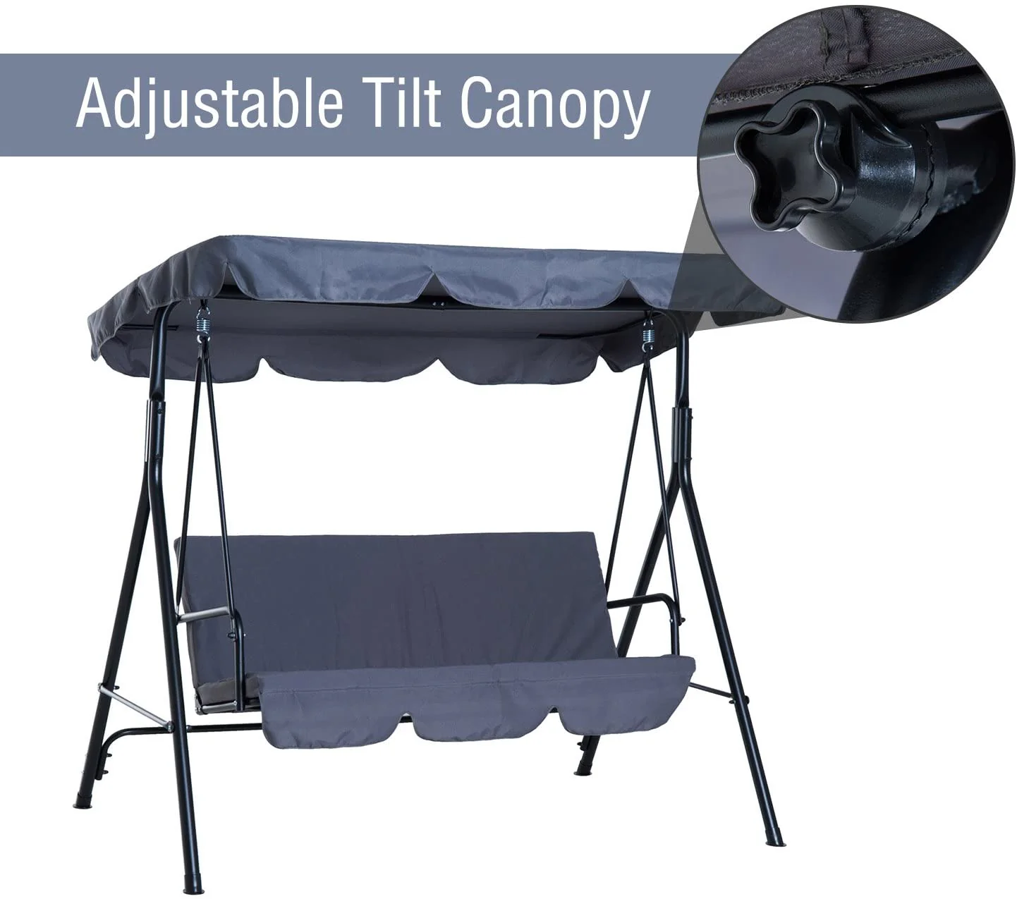 3-Seat Outdoor Patio Swing Chair with Removable Cushion, Steel Frame Stand and Adjustable Tilt Canopy for Patio, Garden, Poolside, Balcony, Backyard 3142020 - Image 5