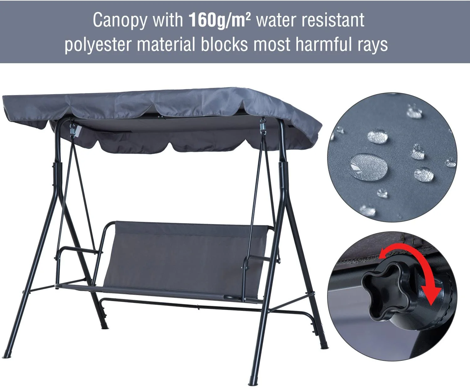 3-Seat Outdoor Patio Swing Chair with Removable Cushion, Steel Frame Stand and Adjustable Tilt Canopy for Patio, Garden, Poolside, Balcony, Backyard 3142020 - Image 8
