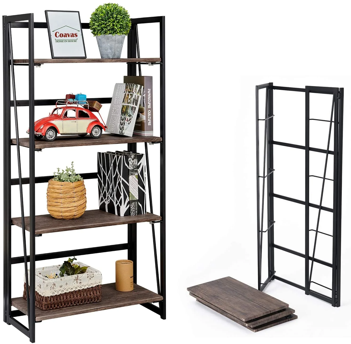 New 4-Tier Industrial Folding Bookshelf Space-Saving Metal Book Shelf for Home & Office Storage