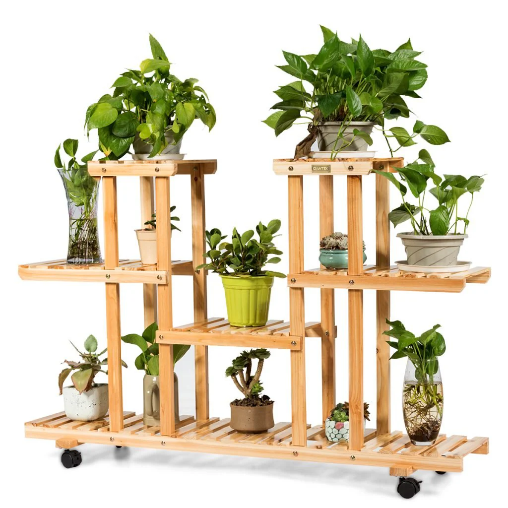 New 4-Tier Wooden Plant Stand with Wheels – Holds 12 Plants, Rolling Indoor/Outdoor Display Shelf FS5187 - Image 2