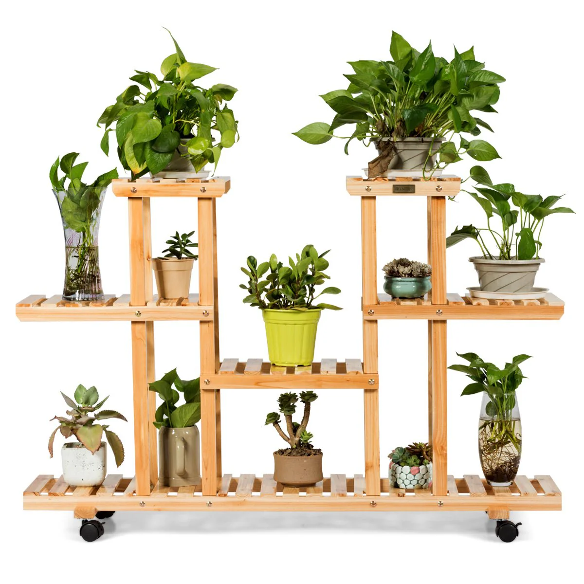 New 4-Tier Wooden Plant Stand with Wheels – Holds 12 Plants, Rolling Indoor/Outdoor Display Shelf FS5187 - Image 4