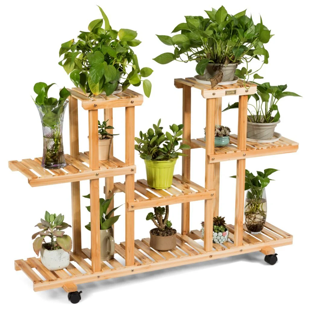 New 4-Tier Wooden Plant Stand with Wheels – Holds 12 Plants, Rolling Indoor/Outdoor Display Shelf FS5187 - Image 5