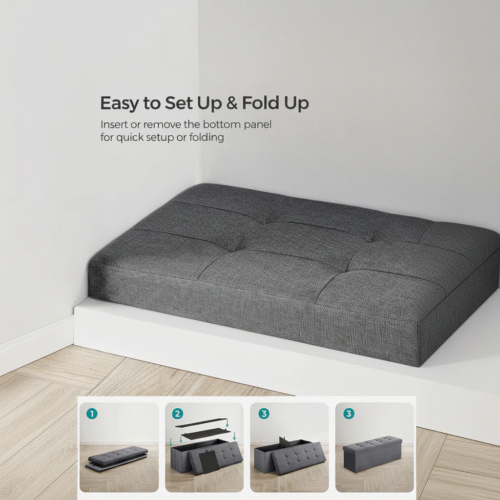 New 43-Inch Folding Storage Bench – Gray Ottoman with Padded Seat & Footrest for Bedroom or Entryway ULSF77K - Image 2