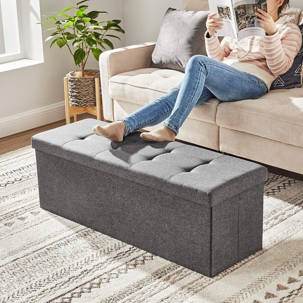 New 43-Inch Folding Storage Bench – Gray Ottoman with Padded Seat & Footrest for Bedroom or Entryway ULSF77K - Image 3