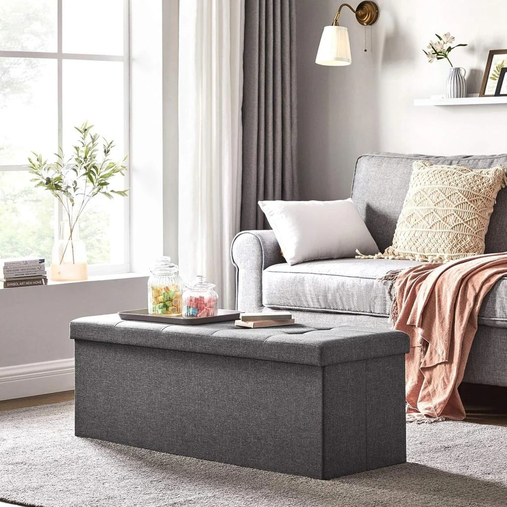 New 43-Inch Folding Storage Bench – Gray Ottoman with Padded Seat & Footrest for Bedroom or Entryway ULSF77K - Image 6