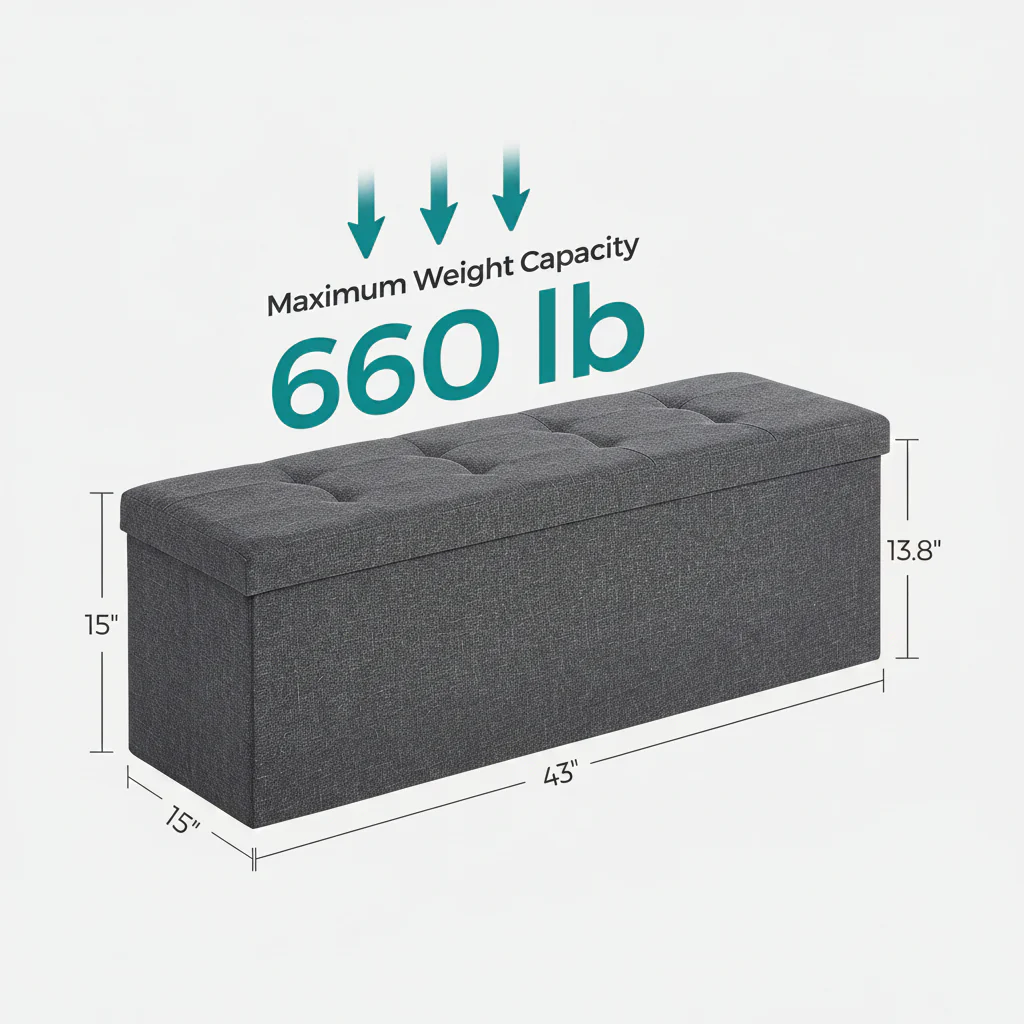 New 43-Inch Folding Storage Bench – Gray Ottoman with Padded Seat & Footrest for Bedroom or Entryway ULSF77K - Image 8