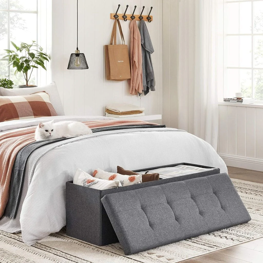 New 43-Inch Folding Storage Bench – Gray Ottoman with Padded Seat & Footrest for Bedroom or Entryway ULSF77K - Image 9